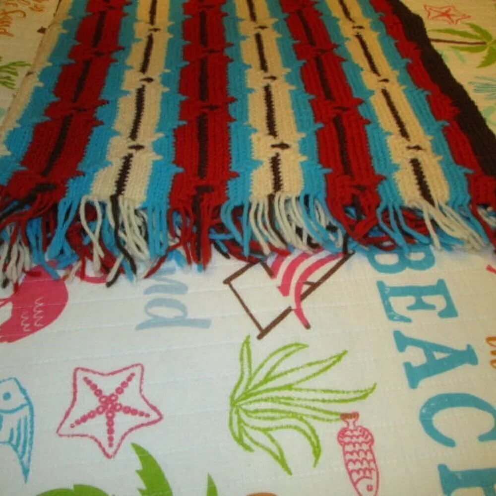 VTG Hand Crochet AFGHAN Throw BLANKET Lap COUCH Southwestern FRINGE Aztec 60X38